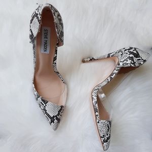 Pointy snakeskin pumps with clear cutouts